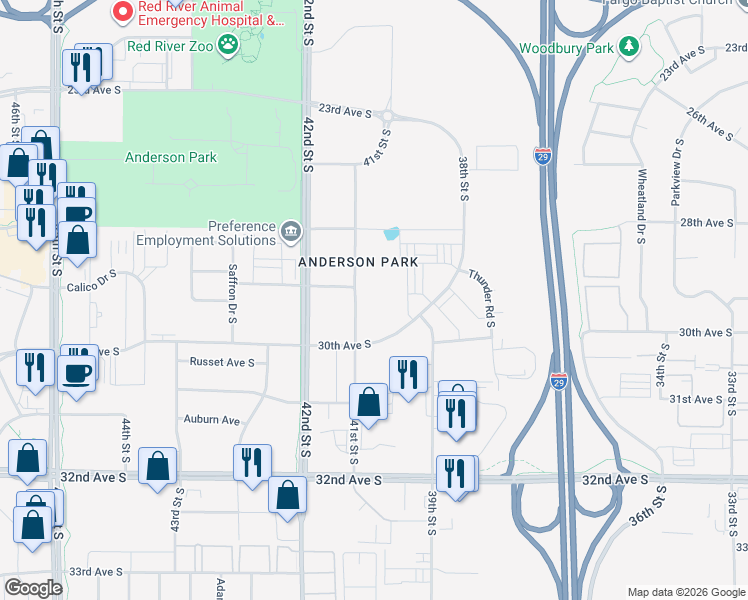 map of restaurants, bars, coffee shops, grocery stores, and more near 2836 41st Street South in Fargo