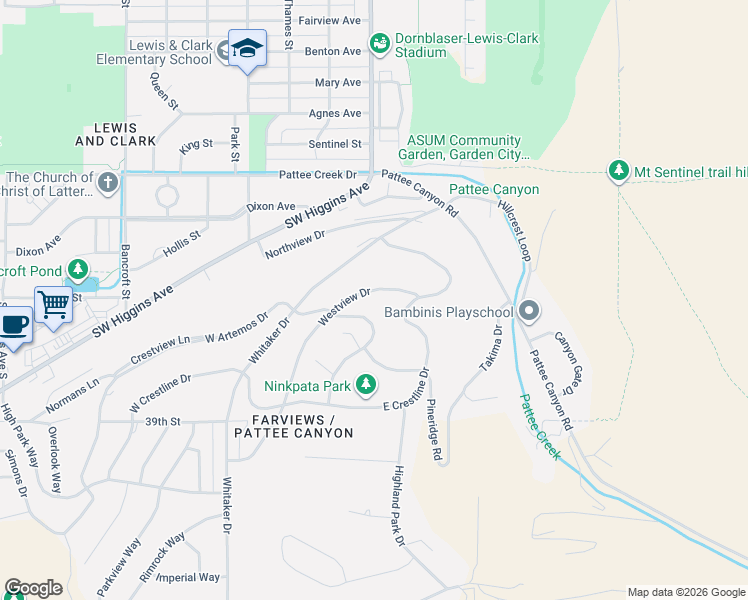 map of restaurants, bars, coffee shops, grocery stores, and more near 210 W Artemos Dr in Missoula