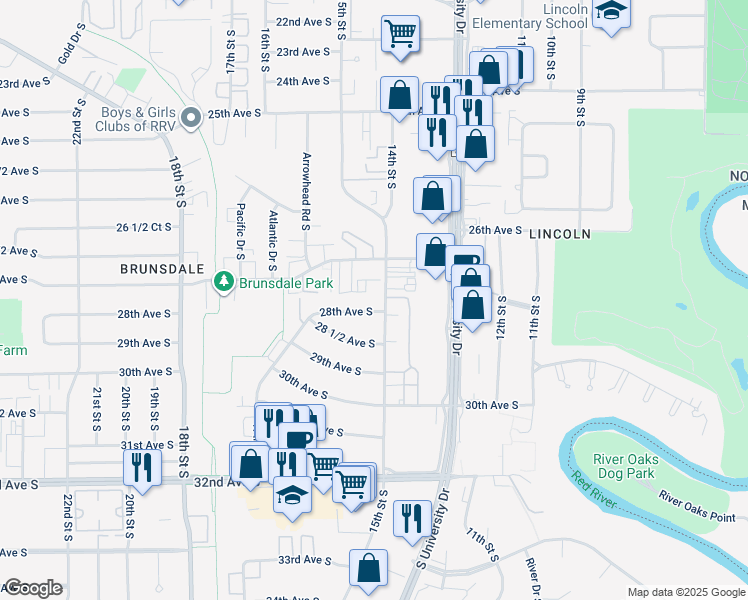 map of restaurants, bars, coffee shops, grocery stores, and more near 1510 28th Avenue South in Fargo