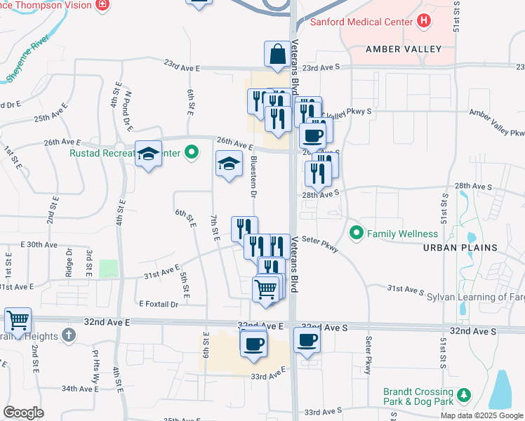 map of restaurants, bars, coffee shops, grocery stores, and more near 2910 Bluestem Drive in Fargo