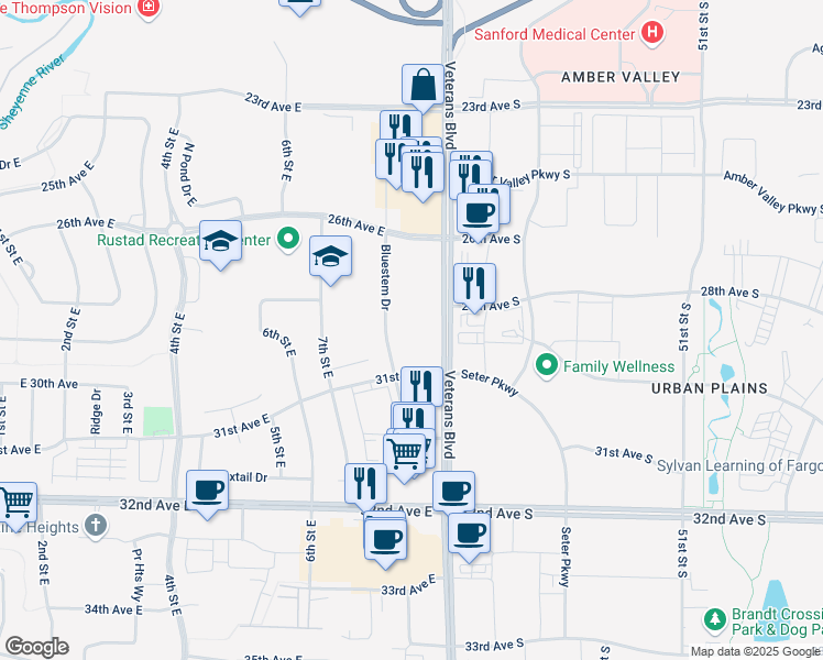 map of restaurants, bars, coffee shops, grocery stores, and more near 2915 Bluestem Drive in Fargo