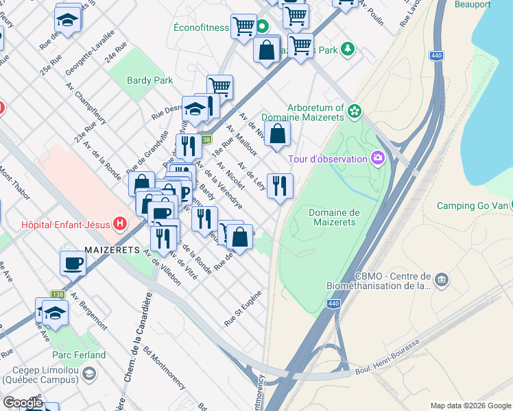map of restaurants, bars, coffee shops, grocery stores, and more near 1427 Avenue Nicolet in Québec