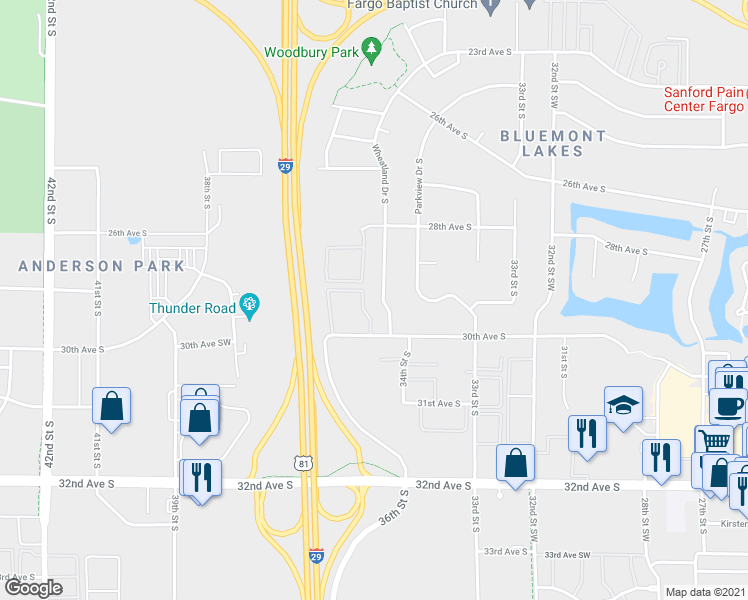 map of restaurants, bars, coffee shops, grocery stores, and more near 2933 Wheatland Drive South in Fargo