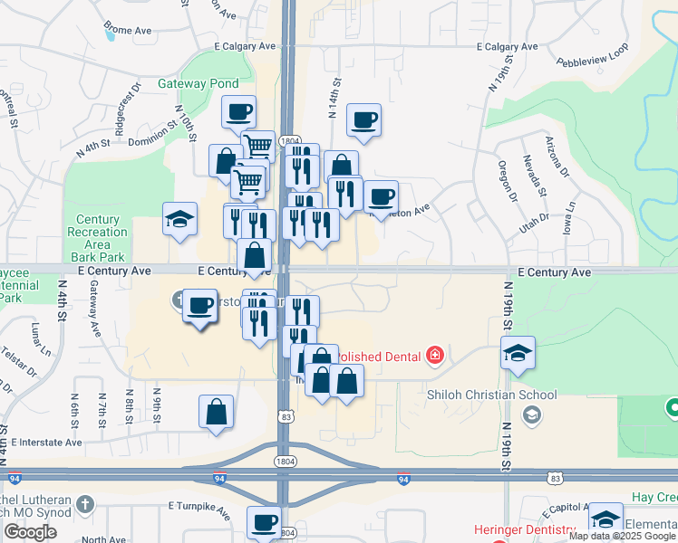 map of restaurants, bars, coffee shops, grocery stores, and more near 1531 East Century Avenue in Bismarck