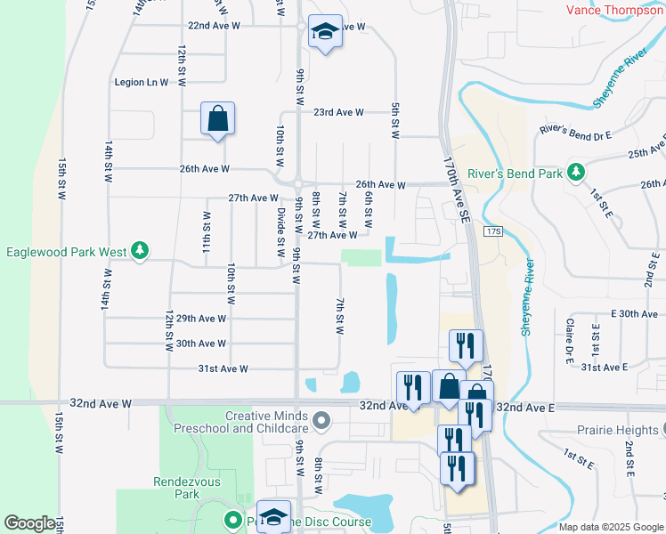map of restaurants, bars, coffee shops, grocery stores, and more near 101 7th Street West in West Fargo