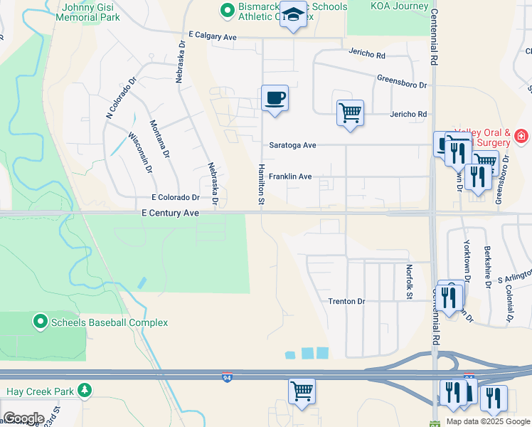 map of restaurants, bars, coffee shops, grocery stores, and more near 3420 East Century Avenue in Bismarck