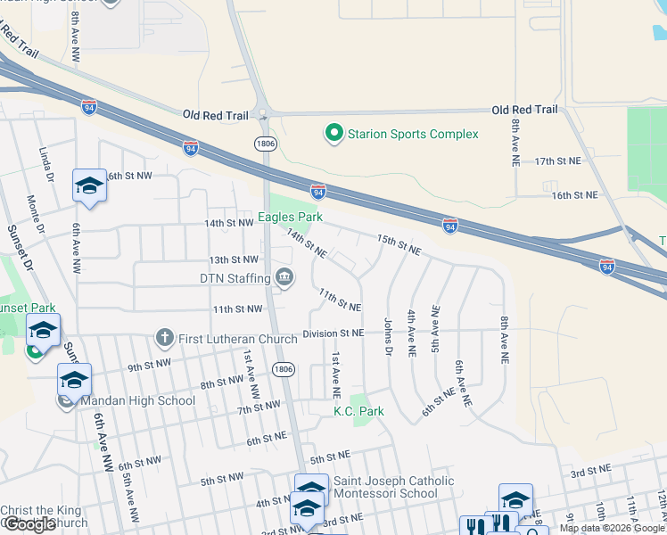 map of restaurants, bars, coffee shops, grocery stores, and more near 104 11th Street Northeast in Mandan