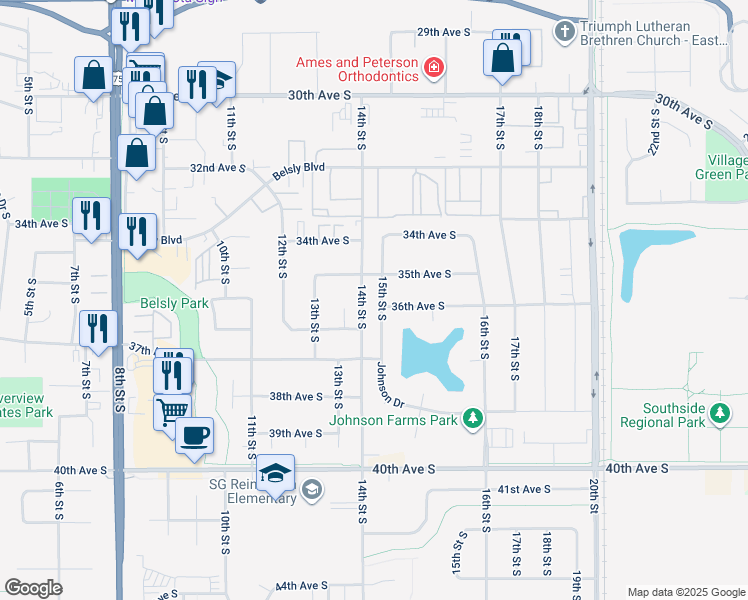 map of restaurants, bars, coffee shops, grocery stores, and more near 3547 15th Street South in Moorhead