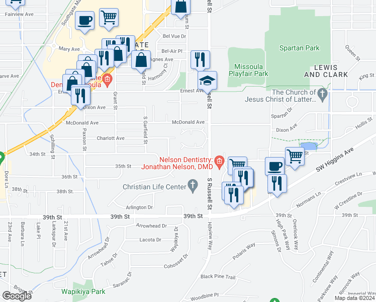 map of restaurants, bars, coffee shops, grocery stores, and more near 13 Russell Park West in Missoula