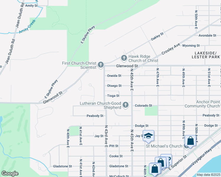 map of restaurants, bars, coffee shops, grocery stores, and more near 4329 Tioga Street in Duluth