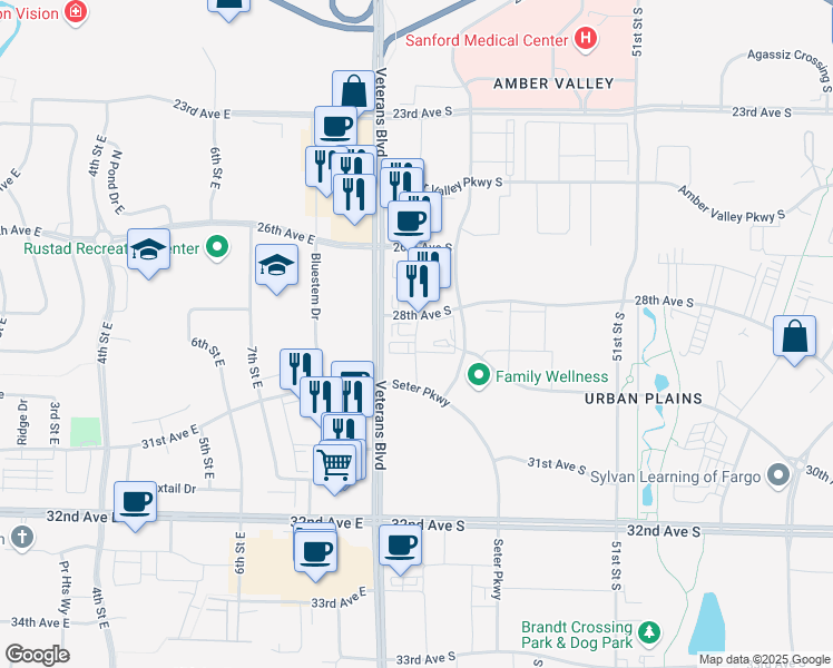 map of restaurants, bars, coffee shops, grocery stores, and more near 2667 55th Avenue South in Fargo