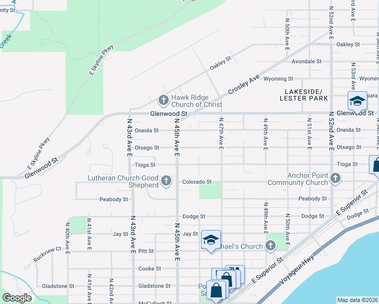 map of restaurants, bars, coffee shops, grocery stores, and more near 4509 Tioga Street in Duluth
