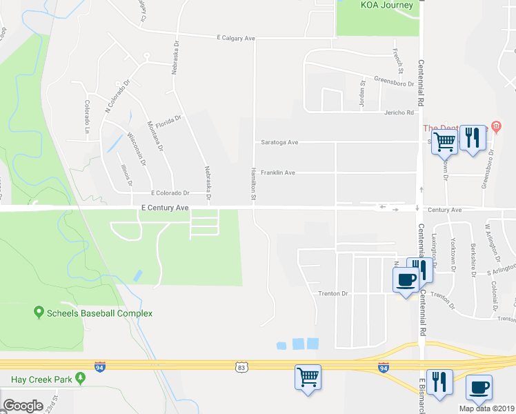 map of restaurants, bars, coffee shops, grocery stores, and more near 3420 East Century Avenue in Bismarck