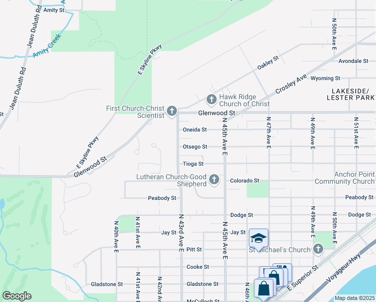 map of restaurants, bars, coffee shops, grocery stores, and more near 4329 Tioga Street in Duluth