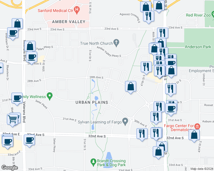 map of restaurants, bars, coffee shops, grocery stores, and more near 4940 28th Street Southwest in Fargo
