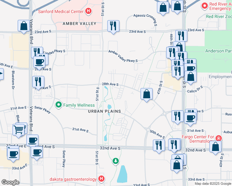 map of restaurants, bars, coffee shops, grocery stores, and more near 5000 28th Avenue South in Fargo