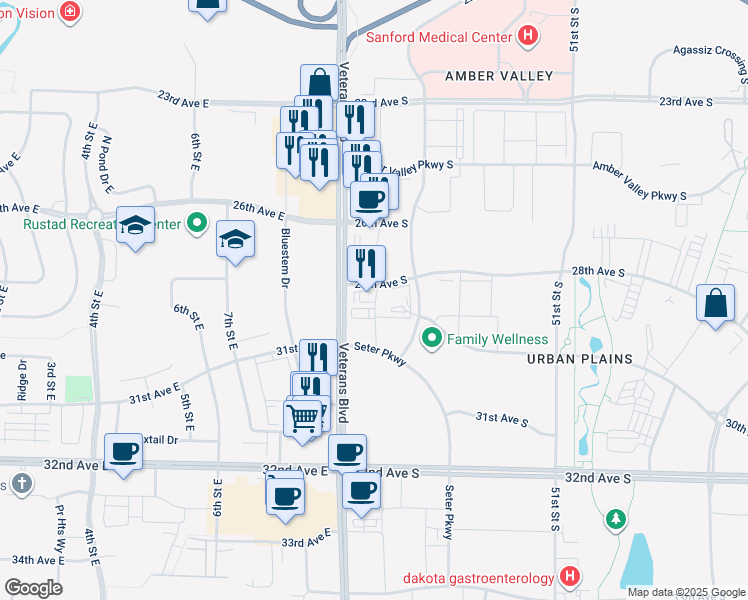 map of restaurants, bars, coffee shops, grocery stores, and more near 2667 55th Avenue South in Fargo