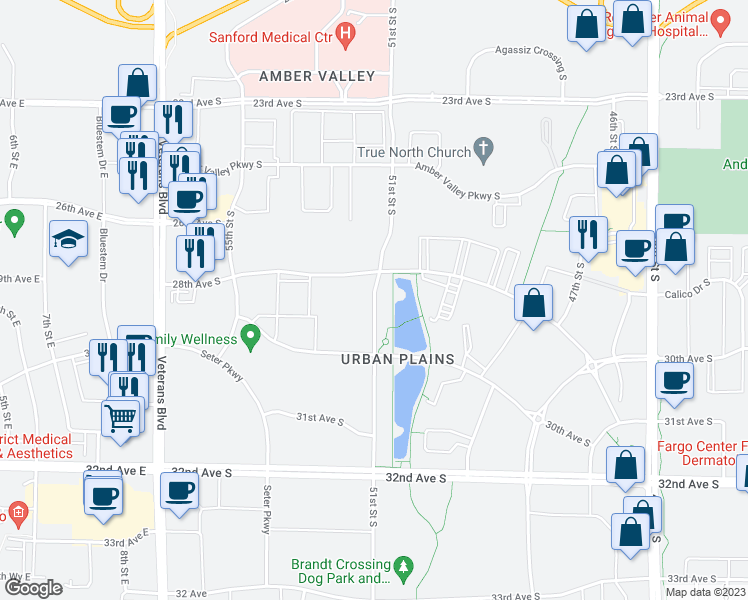 map of restaurants, bars, coffee shops, grocery stores, and more near 51st Street South in Fargo