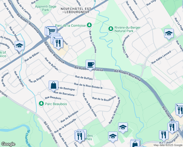 map of restaurants, bars, coffee shops, grocery stores, and more near in Québec