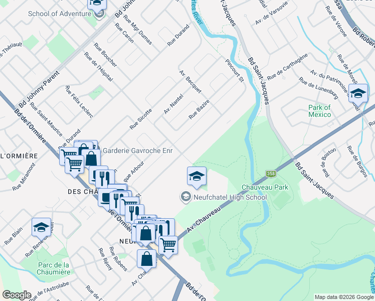 map of restaurants, bars, coffee shops, grocery stores, and more near 3579 Rue Pincourt in Québec