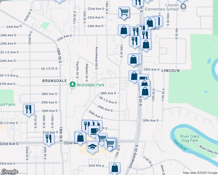 map of restaurants, bars, coffee shops, grocery stores, and more near 1532 27th Avenue South in Fargo