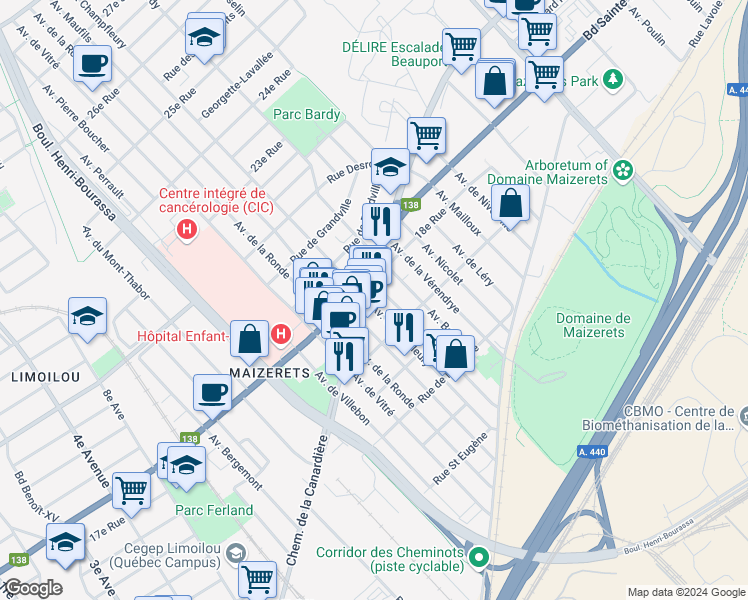 map of restaurants, bars, coffee shops, grocery stores, and more near 1790 Avenue Champfleury in Québec