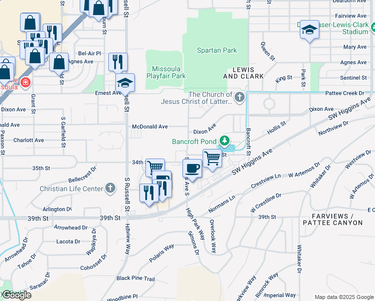 map of restaurants, bars, coffee shops, grocery stores, and more near in Missoula