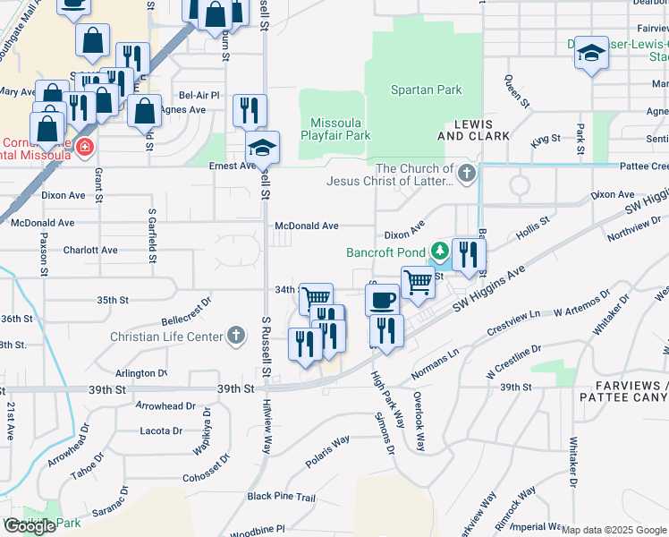 map of restaurants, bars, coffee shops, grocery stores, and more near 1155 34th Street in Missoula