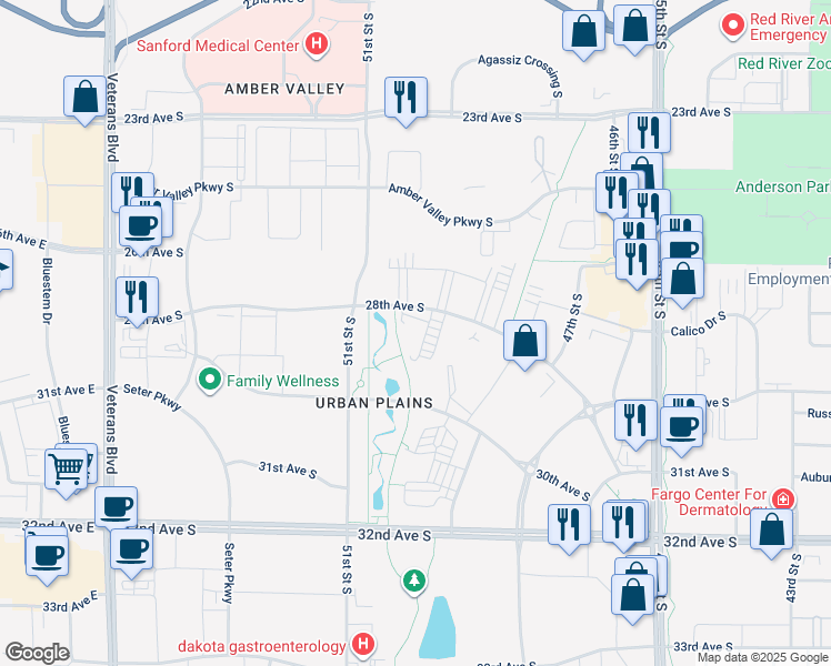 map of restaurants, bars, coffee shops, grocery stores, and more near 5000 28th Avenue South in Fargo