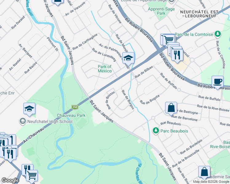 map of restaurants, bars, coffee shops, grocery stores, and more near 8717 Rue de Boston in Québec