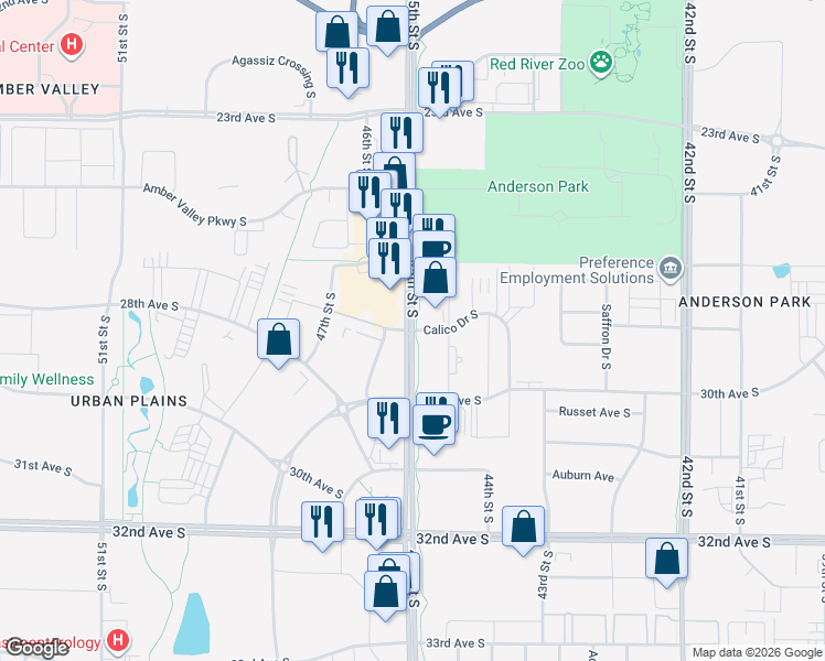 map of restaurants, bars, coffee shops, grocery stores, and more near 45th Street South & Calico Drive South in Fargo