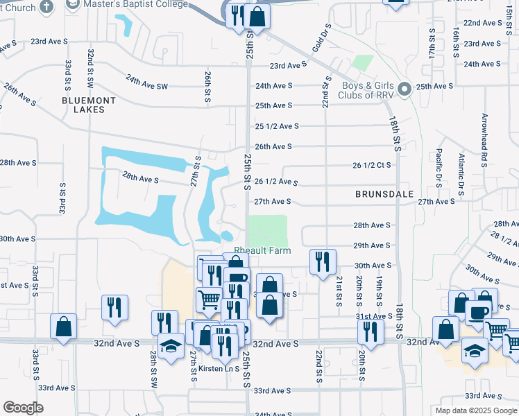 map of restaurants, bars, coffee shops, grocery stores, and more near 2902 25th Street South in Fargo