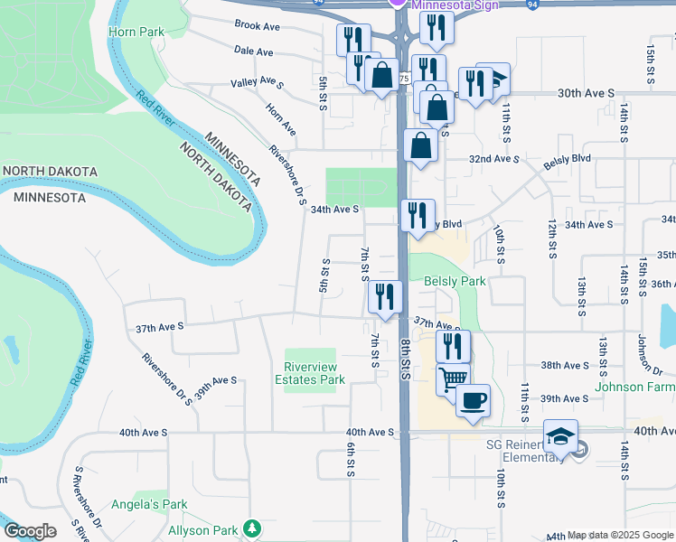map of restaurants, bars, coffee shops, grocery stores, and more near 3504 5th Street South in Moorhead