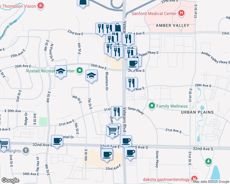 map of restaurants, bars, coffee shops, grocery stores, and more near 3187 Bluestem Drive in Fargo
