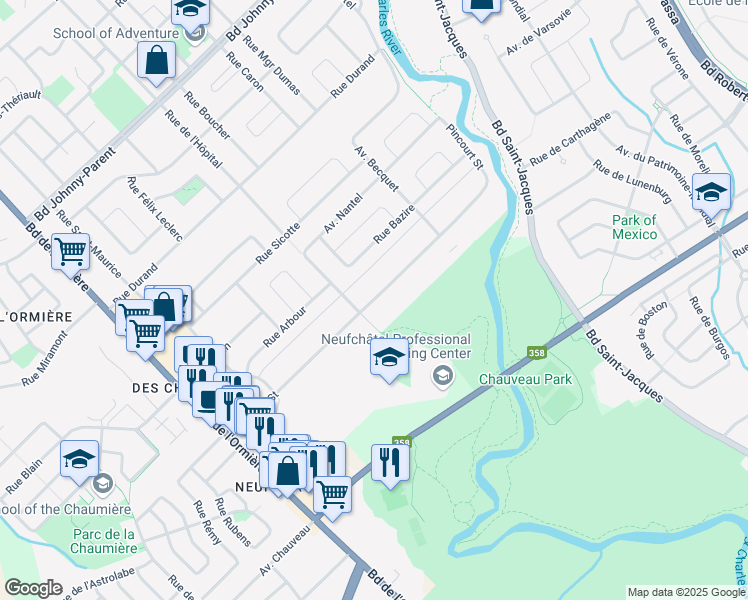 map of restaurants, bars, coffee shops, grocery stores, and more near 3581 Rue Pincourt in Quebec