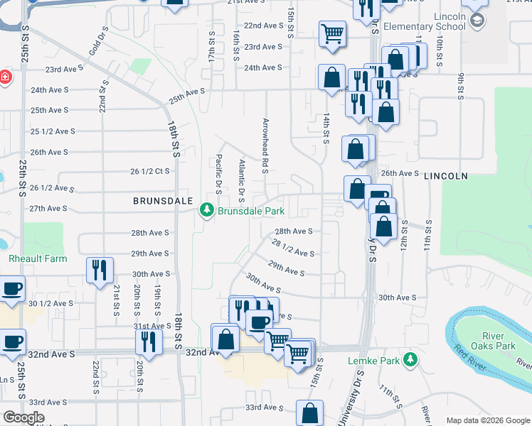 map of restaurants, bars, coffee shops, grocery stores, and more near 1550 27th Avenue South in Fargo