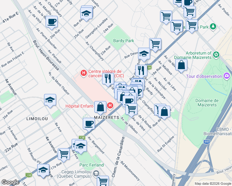 map of restaurants, bars, coffee shops, grocery stores, and more near 1915 Avenue de la Ronde in Québec