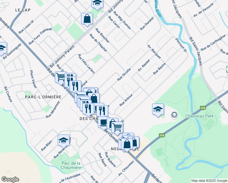 map of restaurants, bars, coffee shops, grocery stores, and more near 9515 Avenue Aumier in Ville de Québec