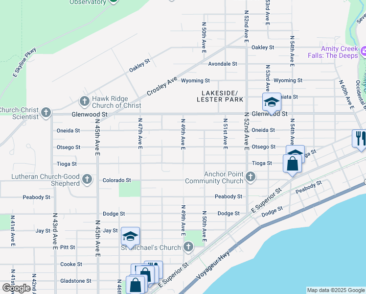 map of restaurants, bars, coffee shops, grocery stores, and more near 1598 North 49th Avenue East in Duluth