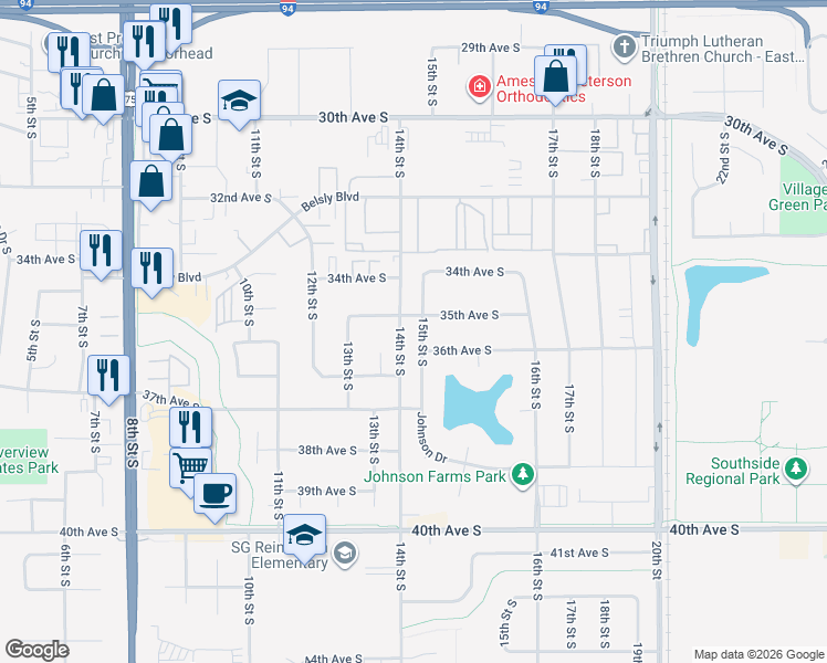 map of restaurants, bars, coffee shops, grocery stores, and more near 1328 35th Avenue South in Moorhead