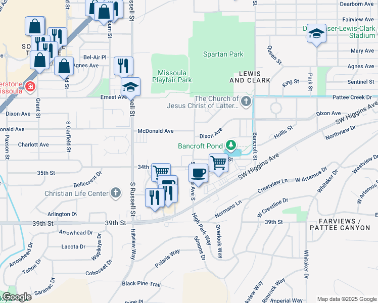 map of restaurants, bars, coffee shops, grocery stores, and more near 3407 Stephens Avenue South in Missoula