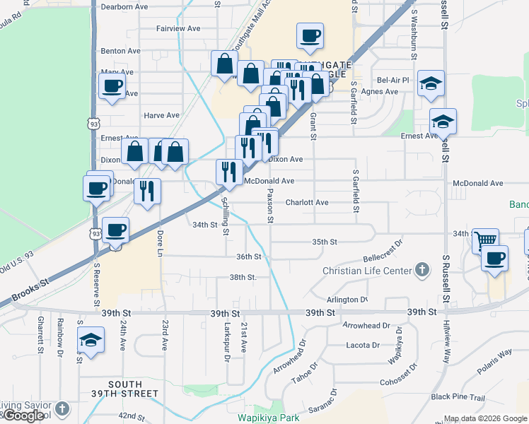map of restaurants, bars, coffee shops, grocery stores, and more near 2016 Charlott Avenue in Missoula
