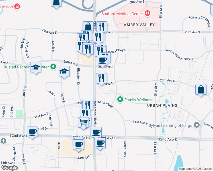 map of restaurants, bars, coffee shops, grocery stores, and more near in Fargo