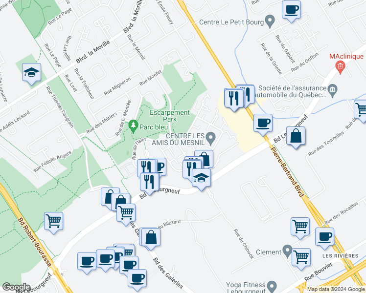 map of restaurants, bars, coffee shops, grocery stores, and more near 6400 Rue le Mesnil in Québec