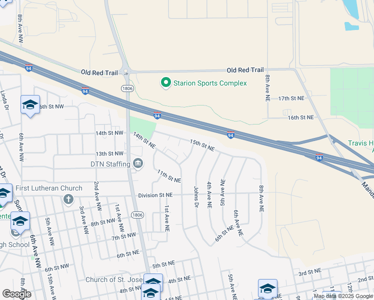 map of restaurants, bars, coffee shops, grocery stores, and more near 1509 Shannon Drive Northeast in Mandan