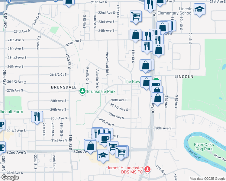 map of restaurants, bars, coffee shops, grocery stores, and more near 1536 27th Avenue South in Fargo