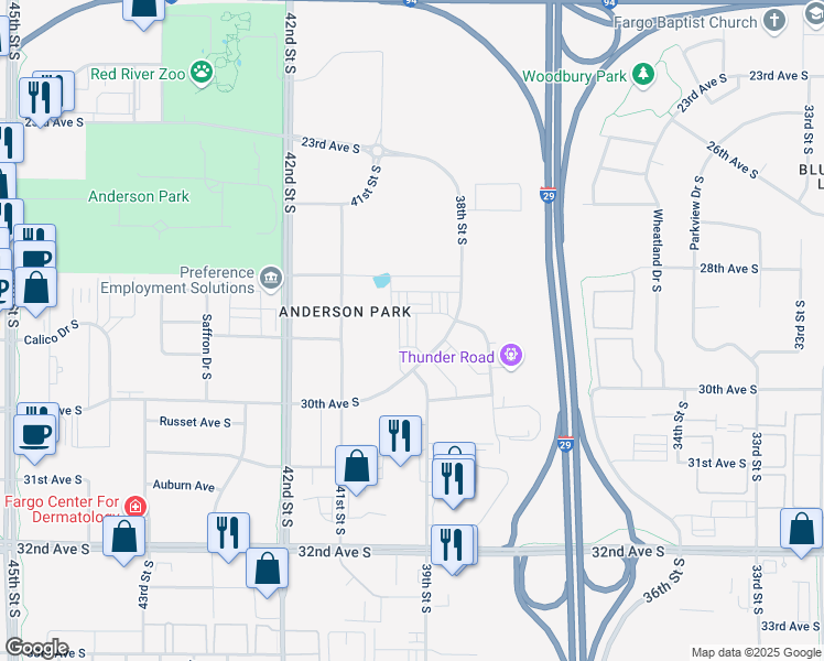 map of restaurants, bars, coffee shops, grocery stores, and more near 3885 30th Avenue South in Fargo