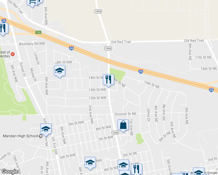 map of restaurants, bars, coffee shops, grocery stores, and more near 1417 Collins Avenue in Mandan