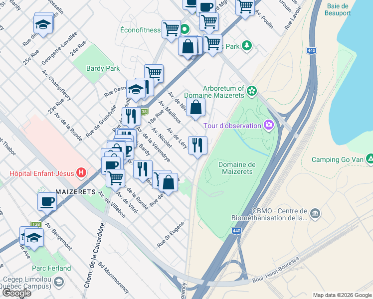 map of restaurants, bars, coffee shops, grocery stores, and more near 1443 Avenue de Léry in Quebec