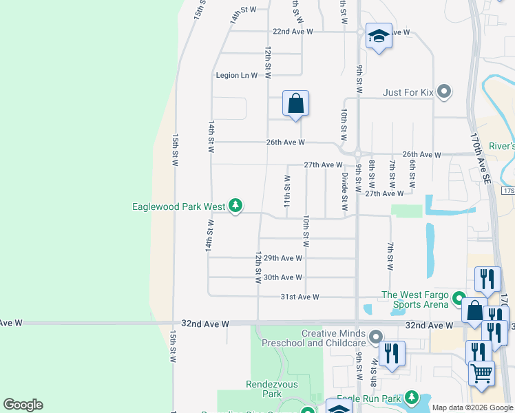 map of restaurants, bars, coffee shops, grocery stores, and more near 12th Street West in West Fargo